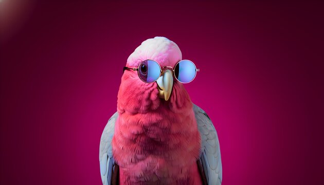 This vibrant galah parrot, featuring its distinctive pink and white feathers, proudly dons a pair of chic mirrored round sunglasses, presenting a truly humorous and fashion-forward avian portrait