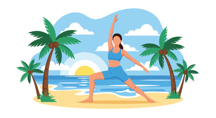 Obraz premium Modern vector illustration of woman practicing yoga on beach at sunrise, summer wellness, mindfulness and healthy lifestyle vacation concept