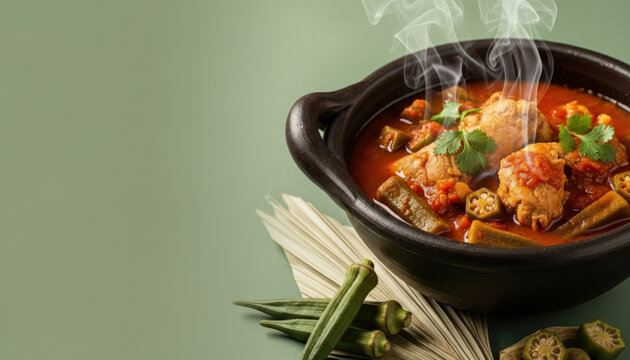 Traditional African Sauce Gombo: Okra and Chicken Stew in Clay Bowl with Soft Green Negative Space and Golden Hour Lighting
