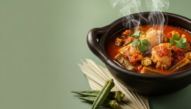 Traditional African Sauce Gombo: Okra and Chicken Stew in Clay Bowl with Soft Green Negative Space and Golden Hour Lighting