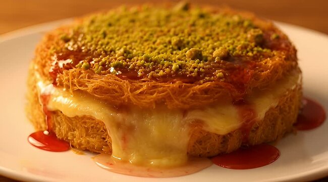 Delicious Kunafa Dessert with Melted Cheese, Pistachios and Syrup on a White Plate