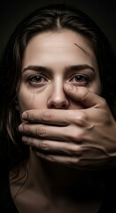 Obraz premium Mans hand covering crying womans mouth. Domestic violence and abuse concept for awareness. Fear, silence, and oppression.