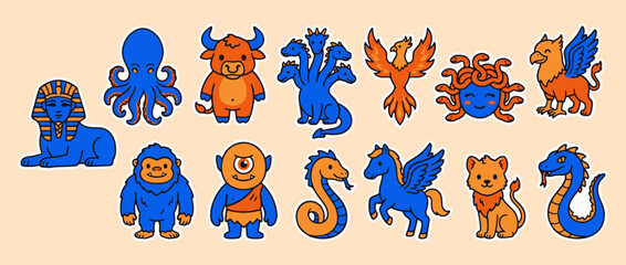 Obraz premium Mythical Creature Lineup: An assortment of vibrantly illustrated mythical creatures, each with unique features and captivating charm, perfect for storytelling and creative projects.