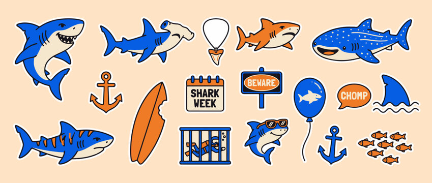 Oceanic Adventures: A vibrant collection of playful illustrations featuring a variety of sharks and related nautical elements, perfect for the shark week event or educational or decorative purposes. 