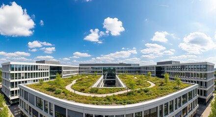 Fototapeta premium Modern office building with green rooftop garden under blue sky, EcoAwareness concept