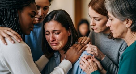 Fototapeta premium Woman crying and being comforted by women friends. Group therapy session or support meeting. Empathy and compassion concept.