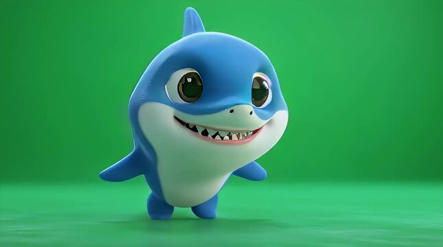 Cute 3D Blue Baby Shark Cartoon Character on Green Background