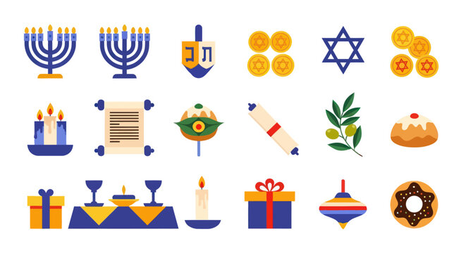 Holiday icons menorahs dreidels and symbols