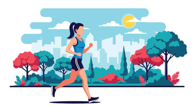 Modern vector illustration of woman jogging in sunny city park wearing summer fitness outfit, healthy active lifestyle and seasonal outdoor exercise concept
