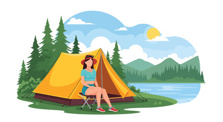 Modern vector illustration of woman setting up tent near lake in summer outfit, outdoor camping adventure and seasonal travel lifestyle concept © Amie