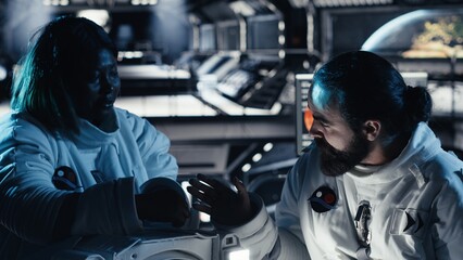 Researchers fly together in starship exploring Mars, expanding human presence in space Cosmonauts ensuring operational readiness before landing on red planet supporting future colonization © DC Studio