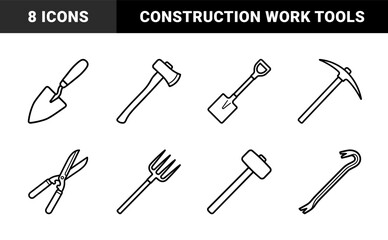 Construction and gardening manual equipment in bold monoline style. Heavy-duty hardware tools for building, maintenance, and landscaping projects.