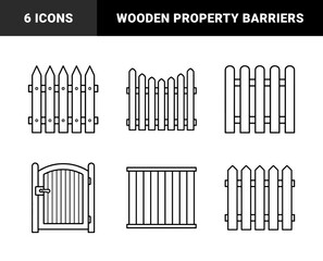 Obraz premium Wooden picket fence and garden gate linear elements for landscape design and property boundary visualization. Minimalist monoline garden exterior construction symbols.