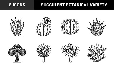 Fototapeta premium Desert flora and succulent vegetation botanical elements for landscaping design. Monoline black and white graphic cacti and houseplant silhouettes.