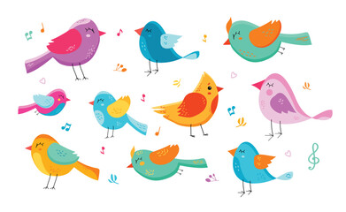Naklejka premium Cute colorful abstract birds singing with music notes, playful hand drawn illustration set 
