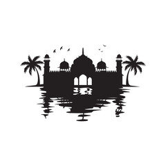 Naklejka premium Mosque Silhouette Waterfront Reflection Surrounded by Tropical Palm Trees and Flying Birds. 
