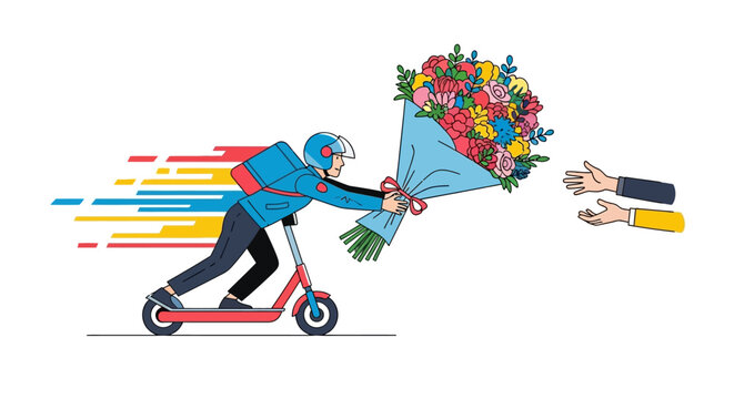 A speedy delivery person on an electric scooter quickly hands over a vibrant bouquet of fresh flowers to eagerly waiting hands, symbolizing efficient service.