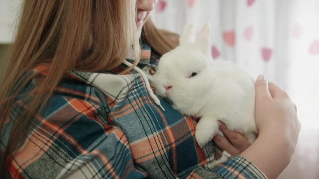 Closeup of gentle young caucasian woman in plaid shirt holding on hands and petting calm white fluffy rabbit. Sweet moment of tender stroking of soft fur, cozy indoor moment of cuddle. No face