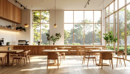 Modern cafe interior with large windows, wooden furniture, and natural light overlooking green trees.