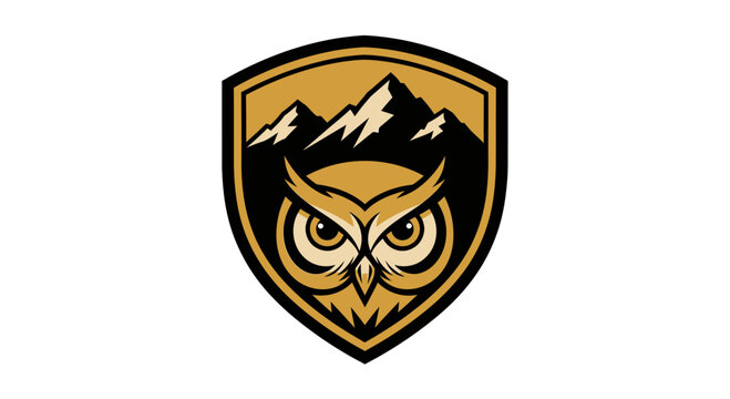 A striking shield logo featuring a wise owl with piercing eyes set against a backdrop of rugged, snow-capped mountains.
