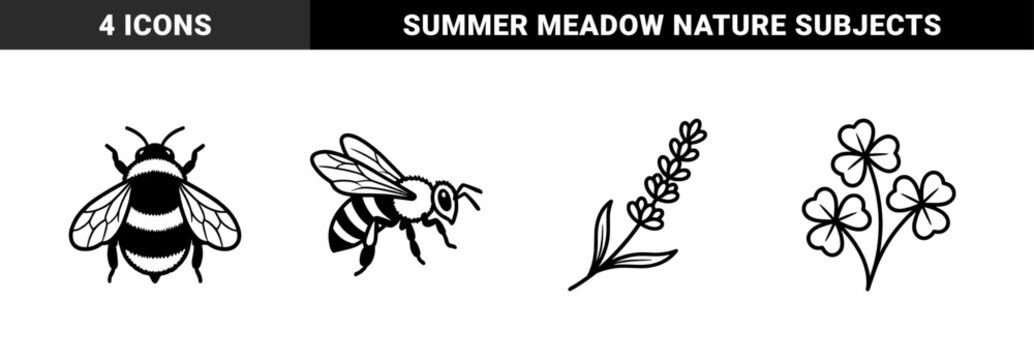 Pollinator insects and botanical elements featuring honeybee bumblebee lavender and clover. Rustic hand-drawn linework for garden and nature branding.
