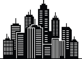 Minimal vector silhouette, city skyline with residential buildings, solid black, isolated on white. © Saruf