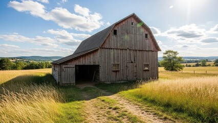 Obraz premium Weathered barn in a sunlit field with a dirt path. Blue sky, fluffy clouds, and distant hills
