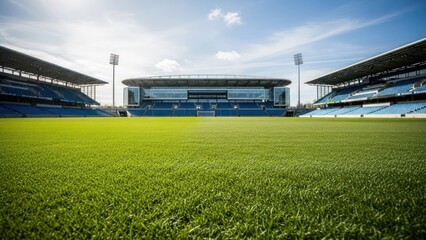 Wide angle view of a vast, green stadium field, blue seating, under a bright, sunny sky