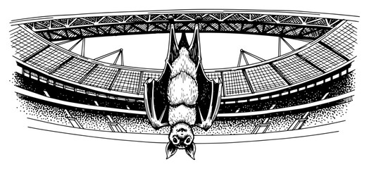 Hanging bat silhouette in front of a large sports stadium arena in vintage woodcut style © AnimalZOO