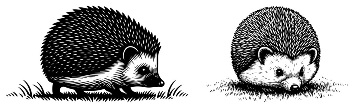 Two hedgehogs in black and white woodcut engraving style set on a white background