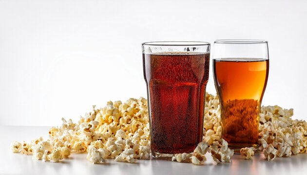 popcorn soda and glasses still life on white background background