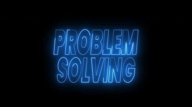 Problem solving text animation in blue neon on a black background. 4k animated typography Suitable for presentations, websites, and social media graphics highlighting solutions.