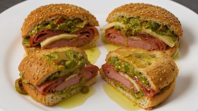 Delicious looking Italian sandwiches with sesame seed buns, meat and guacamole topping