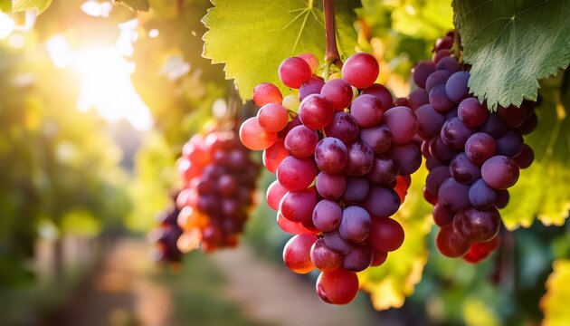 red grapes bounty a vibrant cluster of ripe crimson grapes hangs gracefully from a vine its lush green leaves adding a touch of elegance a visual celebration of nature s deliciousness