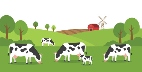 Dairy cows grazing on green meadow farm landscape with red barn and windmill, organic milk production concept flat vector illustration © Shafiqul