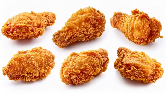six fried chicken pieces isolated on white background background