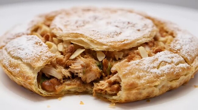 Delicious Moroccan Chicken Bisteeya, sprinkled with powdered sugar, inside flaky puff pastry