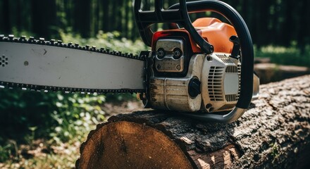 A chainsaw rests on a cut log in a forest setting, partially in focus, showing its metal blade