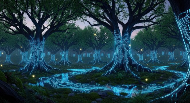 A digital fantasy forest with glowing blue circuits intertwining the trees and flowing streams