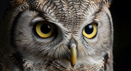 Obraz premium Close-up portrait of an owl's intense gaze, showcasing its piercing yellow eyes and detailed plumage