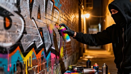 Naklejka premium Person in black hoodie creating graffiti artwork in an alleyway at night