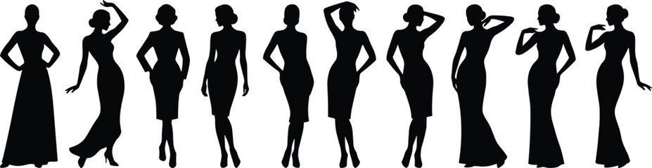 Elegant women silhouettes collection, female fashion models standing in stylish poses isolated black vector illustration on white background