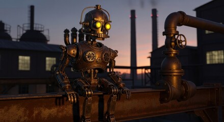 Fototapeta premium A mechanical being sits atop a metal beam overlooking a factory at dusk