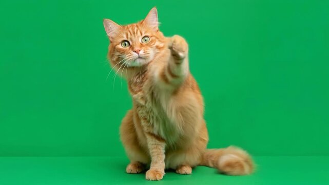 Ginger orange red tabby cat sitting playing pet portrait domestic animal cute feline on green screen chroma key alpha channel background