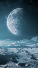 Surreal Cinematic Digital Art of a Fragile Shattering Moon Orbiting a Desolate Frozen Alien Planet Landscape with Icy Craters, and Glowing Stardust in a Vast Deep Space Celestial Nebula Background