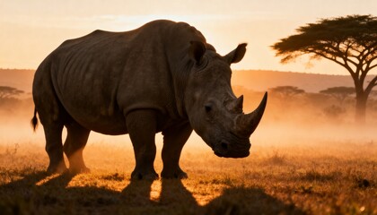 Obraz premium Black Rhinoceros in Savanna at Sunset