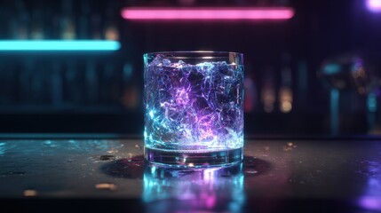 Bright light shines through ice in a glass on a bar at night with colorful lights and reflections