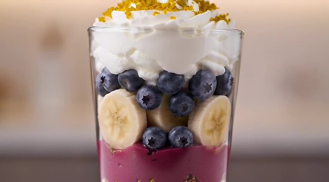Delectable layered fruit parfait with whipped cream and golden sprinkles in glass