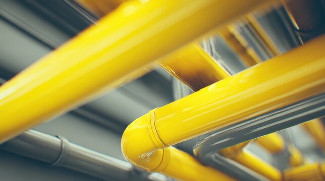 Yellow and gray pipes arranged in a pattern in an industrial setting during daylight hours