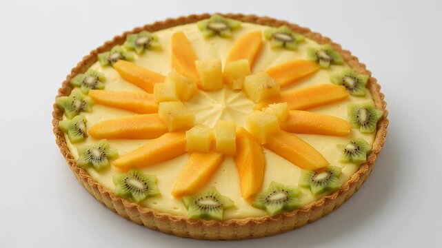 Delicious custard tart adorned with mango slices, pineapple chunks, and kiwi stars